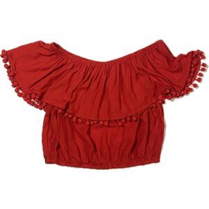 XII Contemporary Red Off-the-Shoulder Crop Top Pompoms